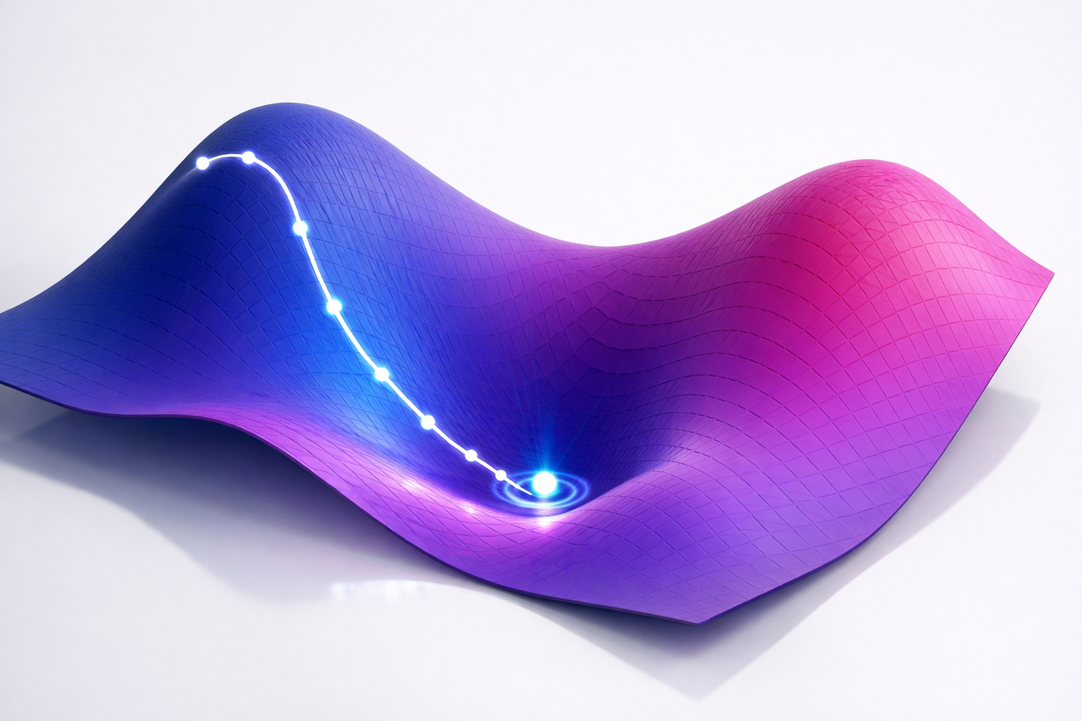 Colorful animated gradient descent path across a 3D surface
